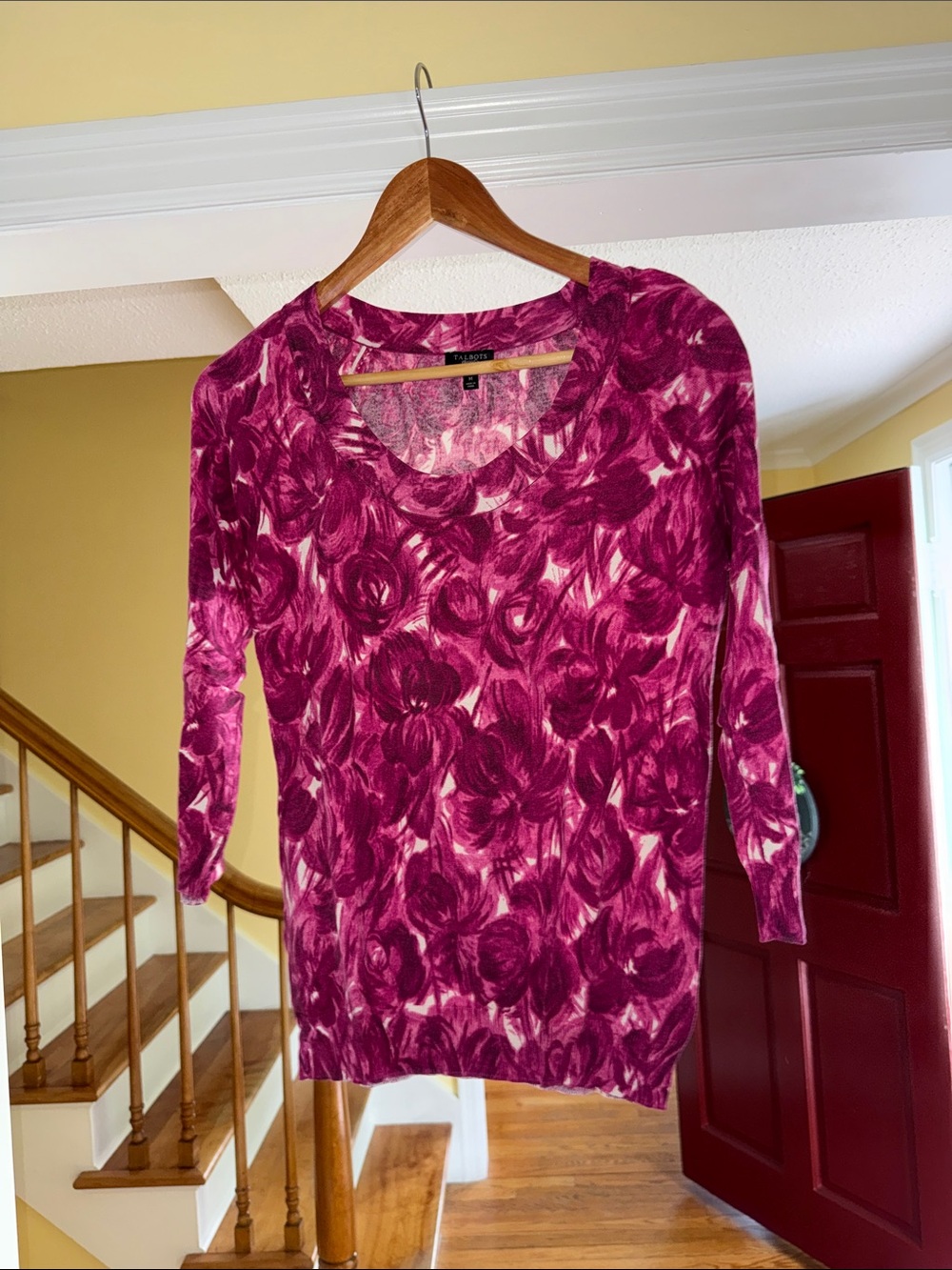 Talbots Magenta Rose-Print Long Sleeve Scoop Neck Top